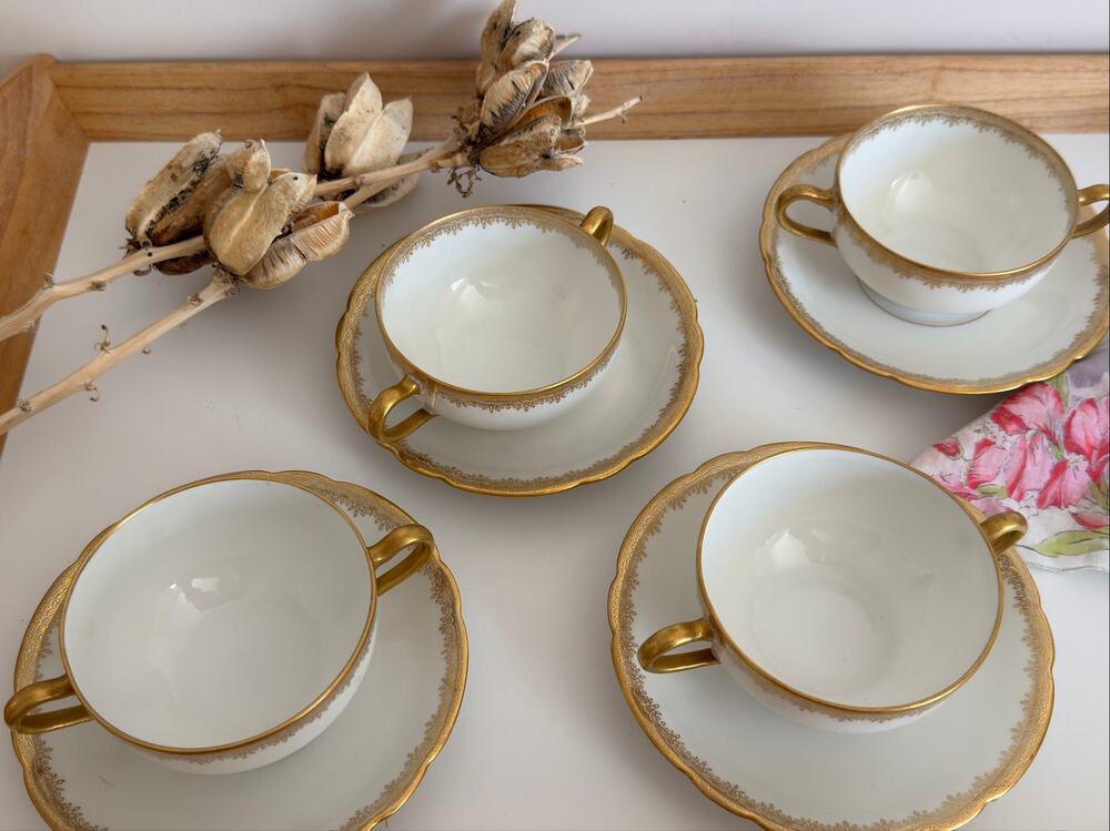Antique Theodore Haviland Limoges France Bouillon Cups Saucers Set 4 Gold Trim